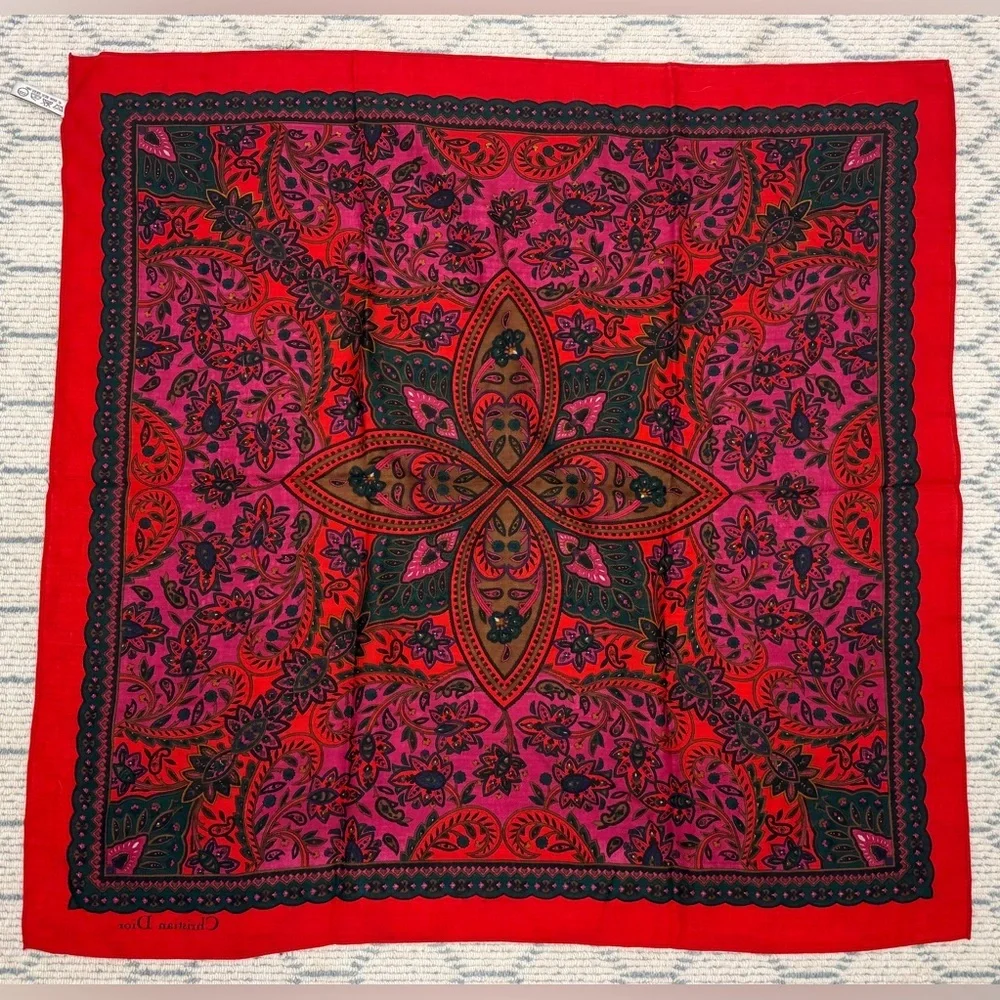 CHRISTIAN DIOR Vintage Rare Red Paisley Floral Retro 100% Wool Square Scarf